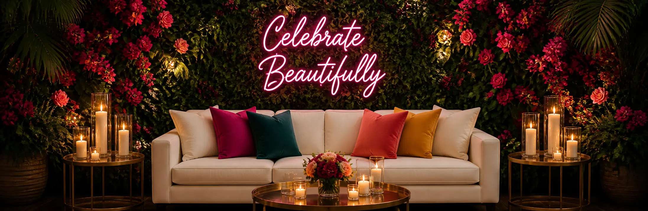 Lounge vignette against a flowering hedge wall with a pink neon Celebrate Beautifully sign
