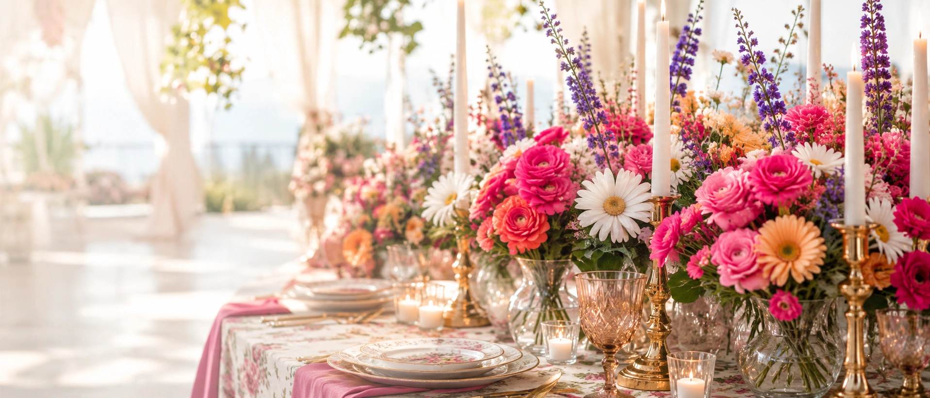 Sunlit outdoor tablescape with coral, fuchsia, and cream flowers, tall white candles, cut glass, and floral linens
