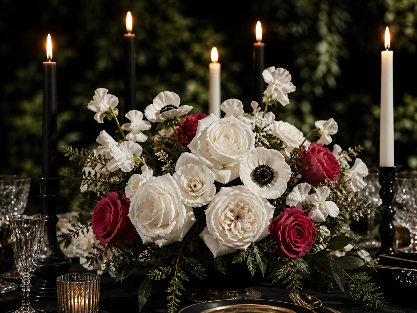 Graphic black-and-white table styling with white blooms and crystal stemware