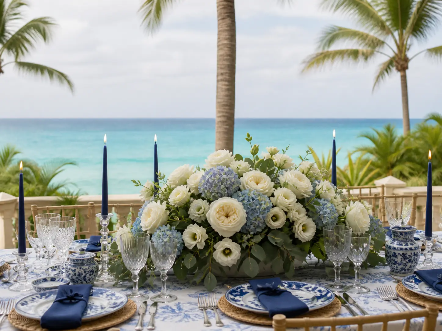 Long table with blue-and-white china, indigo linens, and white blooms by open water