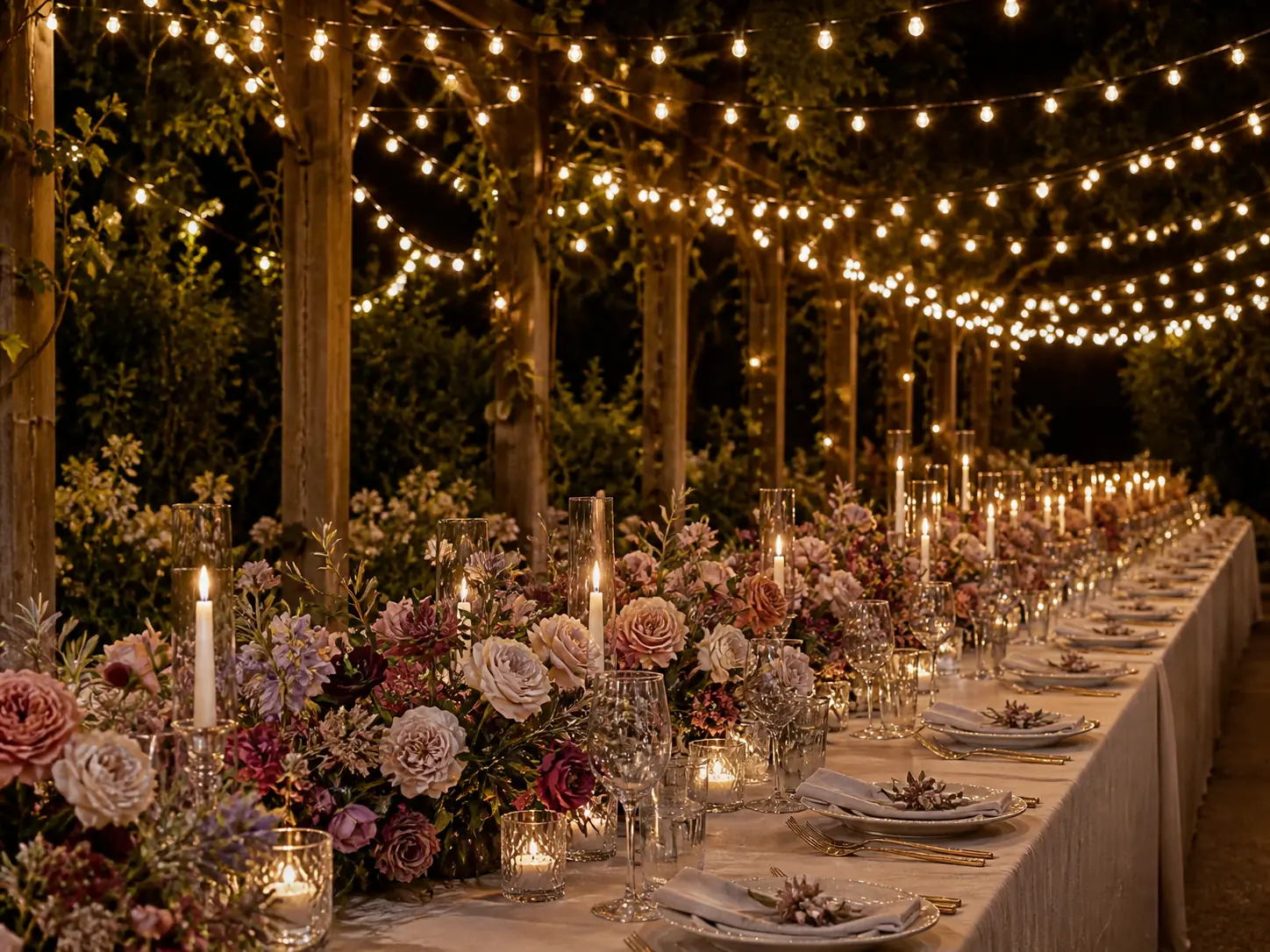 Banquet table under string lights with low blush arrangements running its length