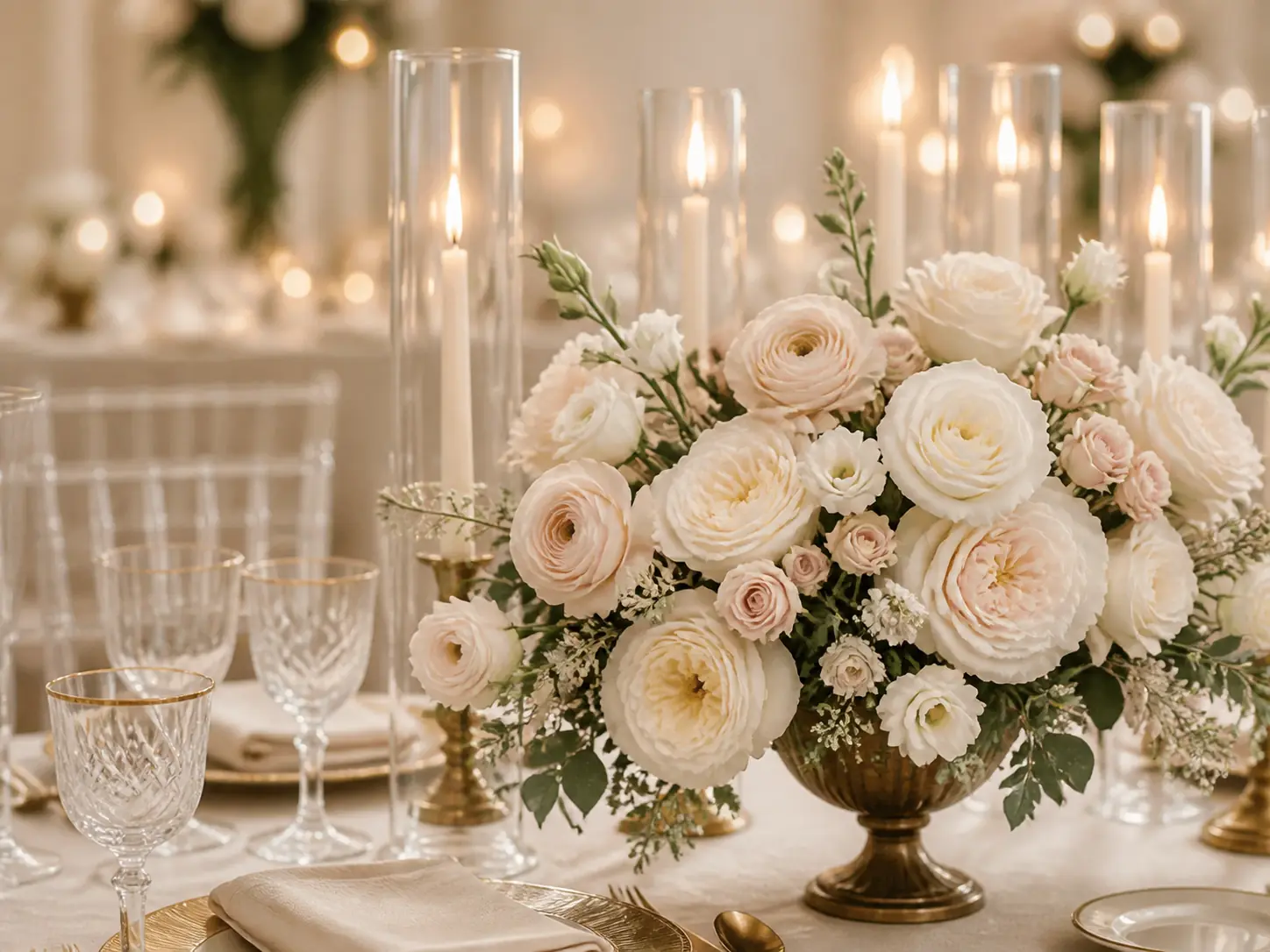 Cream and champagne roses in a footed vessel with ivory linens and votives