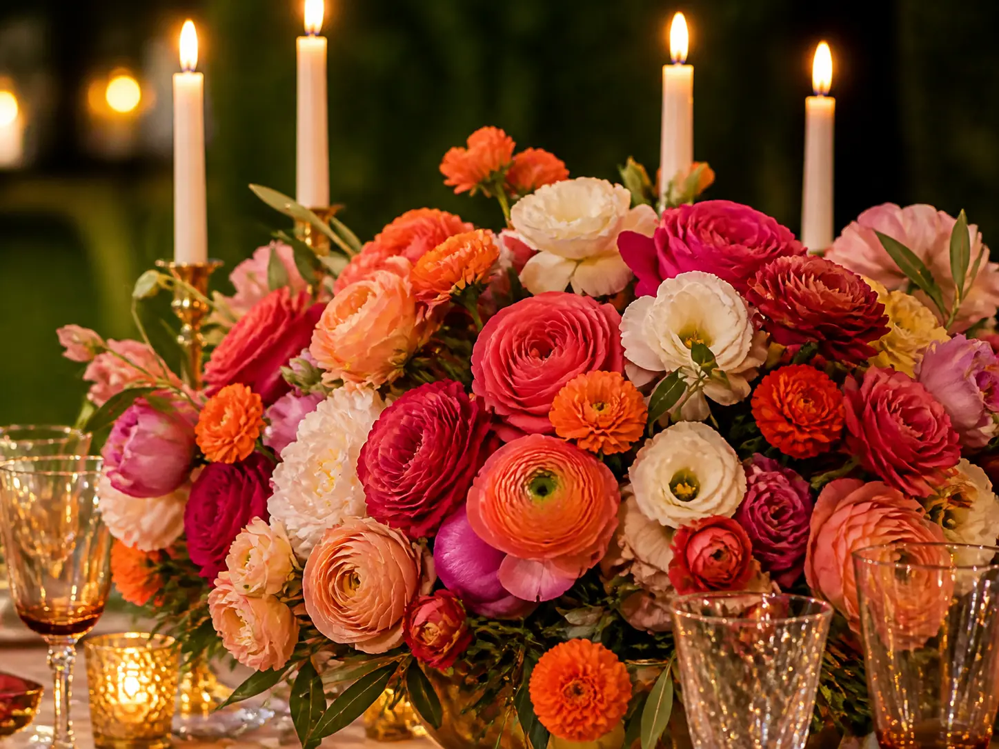 Coral and cream florals with warm candlelight and mixed garden blooms