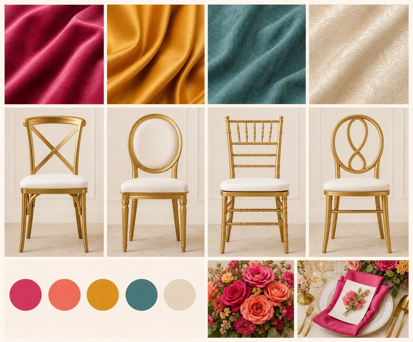Design moodboard with fabric swatches, chair styles, palette dots, and tablescape details